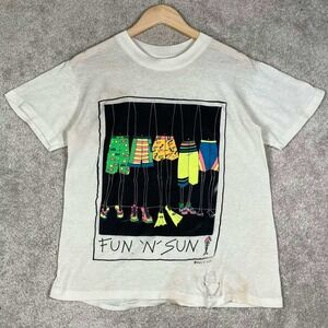 Vintage Fun N Sun Graphic Surf T-Shirt Mens Medium White 80s 90s USA Made Thin